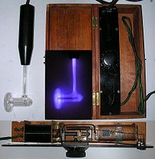 Antique violet ray set with glass electrode (left) and control box. When energized, the glass emitted a violet glow (inset, center) Hochfrequenz 309.jpg