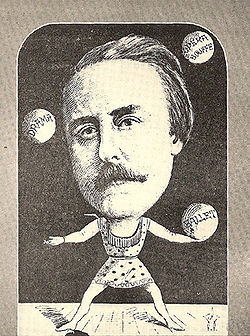 John Hollingshead had a lot of balls in the air: This engraving shows him juggling ballet, opera bouffe, and drama. Hollingshead.jpg