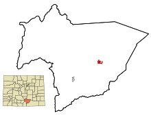 Huerfano County Colorado Incorporated and Unincorporated areas Walsenburg Highlighted.svg