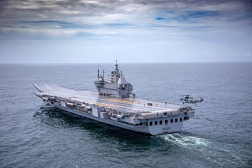 INS Vikrant is the Indian Navy's first indigenous aircraft carrier, shown here during its maiden sea trials, August 2021.