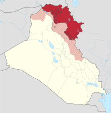   عراقی کردستان علاقے کی سرکاری سرحدیں   عراقی کردستان میں شامل علاقہ   عراقی کردستان کا دعوی کردہ علاقہ   باقی عراق