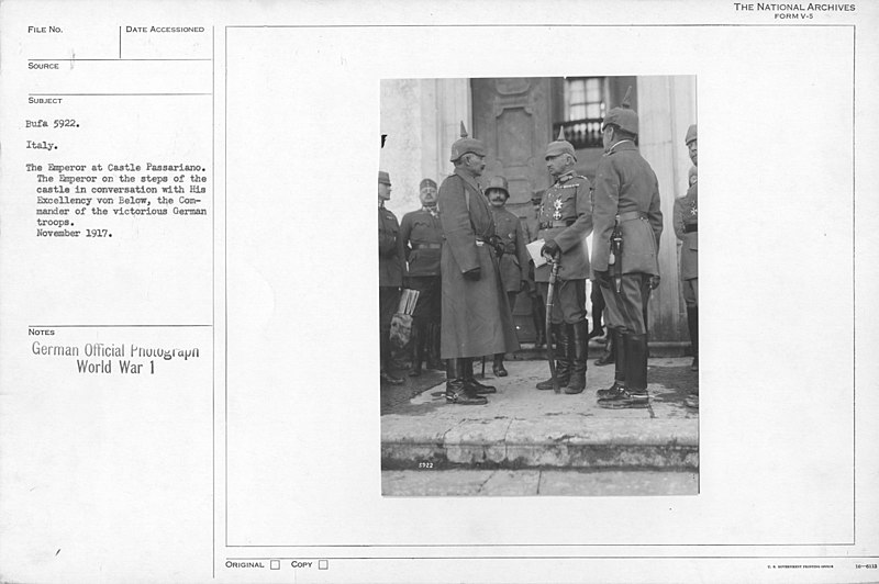 File:Italy. The Emperor at Castle Passariano. The Emperor on the steps of the castle in conversation with his excellency von Below, the Commander of the victorious German troops. November 1917 - NARA - 17391152.jpg