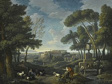 Jan Frans van Bloemen - A Wooded Landscape With a Fountain, A Capriccio View of Rome Beyond.jpg