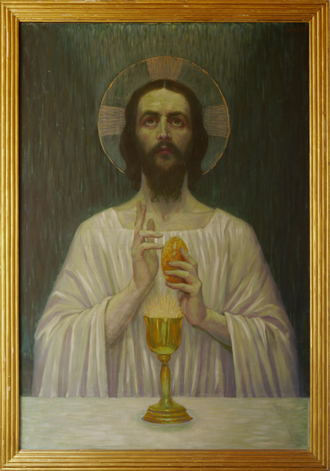 Jesus with Bread and Wine by Wilhelm List (c. 1905) Jesus mit Brot und Wein von Wilhelm List.png