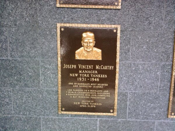 Joe McCarthy's plaque in Monument Park.