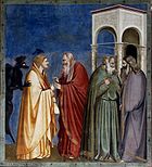 Freskomaleri av Giotto di Bondone (1267-1337) i Cappella Scrovegni a Padova som viser Judas Iskariot i gul kappe med pengesekk med tretti sølvpenger for forræderiet mot Jesus.