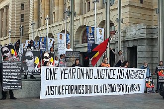 A protest calling for reform to prevent Aboriginal deaths in custody, Forrest Place, Perth, c. 2015. Julieka Dhu Protest.jpg