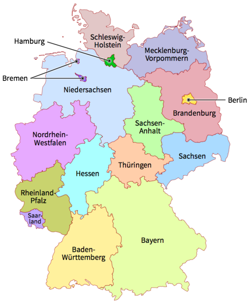Karte Deutsche Bundesländer farbig beschriftet
