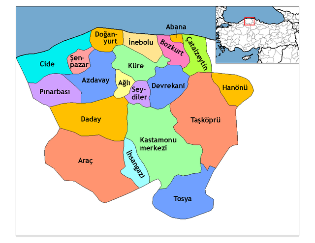 Mapa dos distritos da província de Kastamonu