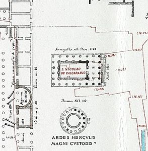 San Nicola dei Cesarini (här benämnd S. NICOLAO DE CALCARARIO) på Rodolfo Lancianis Rom-karta från 1893–1901.