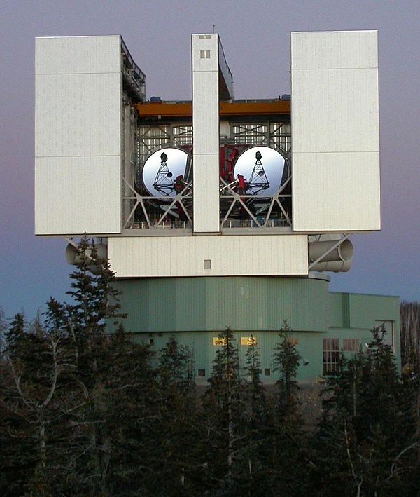 The Large Binocular Telescope at the Mount Graham International Observatory in Arizona uses two curved mirrors to gather light