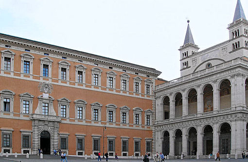 The San Giovanni in Laterano square with the Lateran Palace (left) and the Basilica di San Giovanni in Laterano (right).