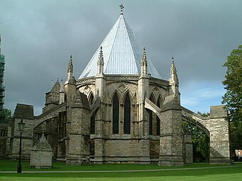 The Chapterhouse at Lincoln Cathedral with flying buttresses surrounding the building