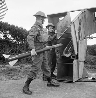 Home Guard soldiers load a single launcher on a static 'Z' Battery, July 1942 Loading Z battery Merseyside 1942 IWM H 21135.jpg