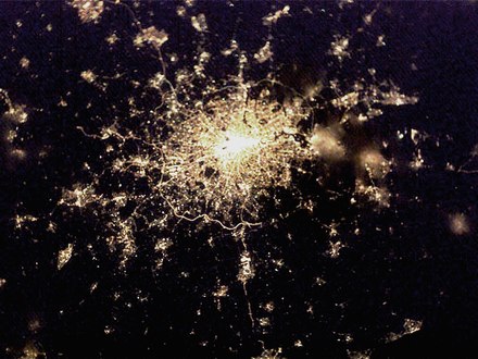 A night view of the southeast of the UK, centred on Greater London, as seen from the International Space Station.
