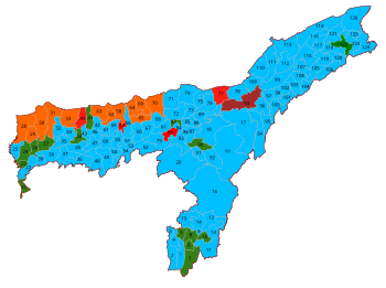 Map of the seat sharing arrangements between the parties of Mahajath or the UPA for the 2021 Assam Legislative Assembly election. Mahajath Seat Sharing 2021.svg