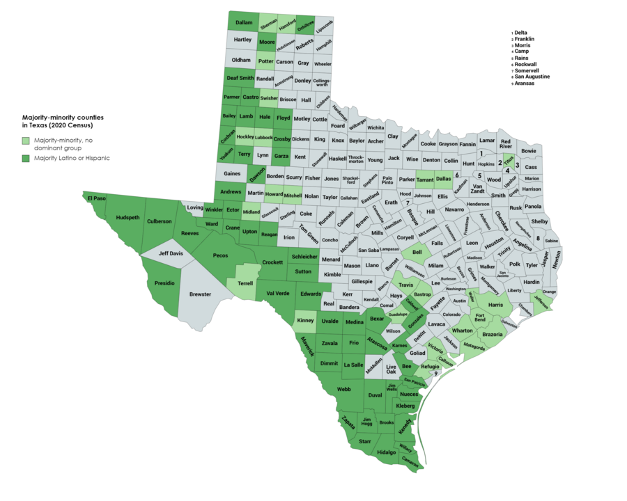 Majority minority counties in Texas based on 2020 Census data.png