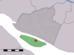 Der ehemalige Weiler (dunkelrot) und der statistische Bezirk (hellgrün) von Tiengemeten in der ehemaligen Gemeinde Korendijk.