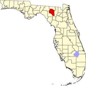 Kaart van Florida met de nadruk op Suwannee County