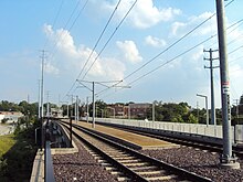 Blue Line tracks near the Maplewood-Manchester station. Maplewood Metrolink (4671967619).jpg