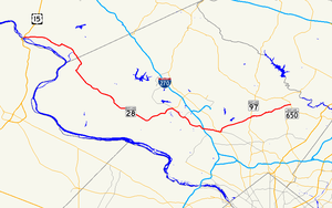 Um mapa do centro de Maryland mostrando as estradas principais.  A rota 28 de Maryland vai do sul do condado de Frederick até o leste do condado de Montgomery