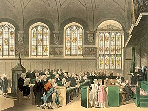 Estoppel forms part of the rules of equity, which were originally administered in the Chancery courts. Microcosm of London Plate 022 - Court of Chancery, Lincoln's Inn Hall edited.jpg