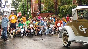 Tricyclists line up behind the Ramblin' Wreck at the start of Georgia Tech's Mini 500 Mini500.jpg