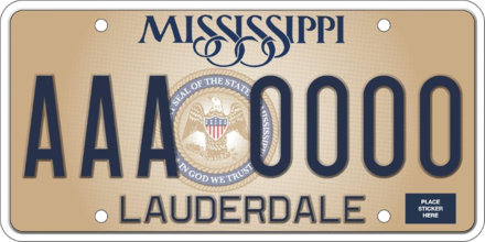 Mississippi current standard plate design (as of 2021). "IN GOD WE TRUST" can be seen at the bottom of the state seal.