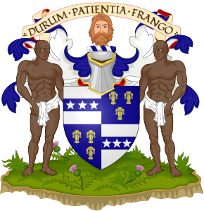 The Mure of Rowallan coat of arms.
ARMS Quarterly, 1st & 4th, Argent, on a fess Azure three stars of the First (Muir); 2nd & 3rd, Azure, three garbs Or (Cumming) CREST A savage head couped Proper MOTTO Durum patientia frango
SUPPORTERS Two blackamoors Proper. Muir of Muir coat of arms.svg