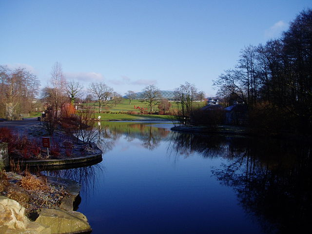 Vista de los lagos y zona mediterránea, al fondo el Invernadero principal y en plano intermedio el dragón, Jardín Botánico Nacional de Gales