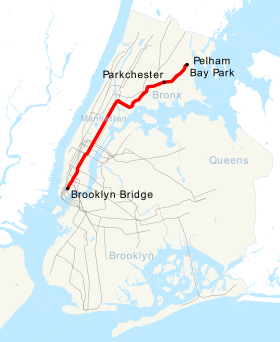 Tracé de la desserte 6 à Manhattan et dans le Bronx. La desserte omnibus s'arrête à Parkchester, tandis que les trains express (<6>) continuent jusqu'au terminus de Pelham Bay Park.