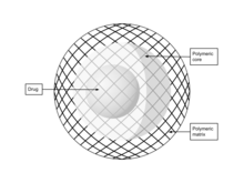 Depiction of a type of polymer-based nanoparticle. Nanospheres contain a uniformly dispersed drug encapsulated in a polymeric core and matrix. Nanosphere.png