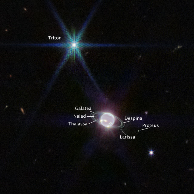 Shown in this image are Neptune and some of its moons: Triton, Galatea, Naiad, Thalassa, Despina, Proteus, and Larissa