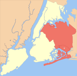 Location of Queens, shown in red, in New York City