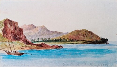 Takapuna was originally the name of a spring on the southwestern slopes of Maungauika / North Head at Torpedo Bay (watercolour by Caroline Harriet Abr