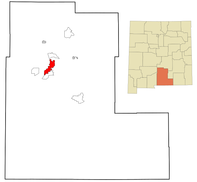 This map shows the incorporated and unincorporated areas in Otero County, New Mexico, highlighting Alamogordo in red