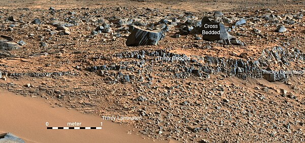 Rocks in "Hidden Valley" near the "Pahrump Hills" on the slopes of Aeolis Mons as viewed from Curiosity (September 11, 2014; white balanced).