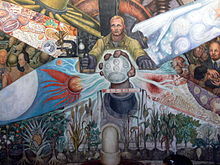 Diego Rivera, Recreation of Man at the Crossroads (renamed Man, Controller of the Universe), originally created in 1934, Mexican muralism movement Palacio de Bellas Artes - Mural El Hombre in cruce de caminos Rivera 3.jpg