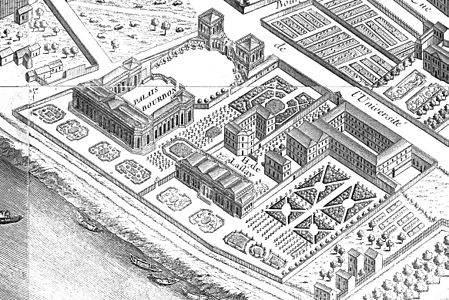 پالایس بئوربون (بالا سمت چپ) و هتل د لاسای (پایین سمت راست)، اثر در نقشهٔ تیوگوت پاریس (۱۷۳۹)