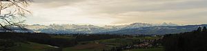 Sicht auf Berikon am Holzbirrliberg, im Hintergrund die Alpen.