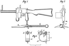 Установка пистолета-пулемёта на малую пехотную лопату; рисунок из патента № 332625 от 4 февраля 1921 года; снизу крупный план хомута[6]