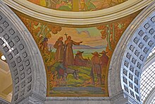 Painting of the Dominguez-Escalante expedition displayed in the Utah State Capitol building Pendentive - Father Escalante Discovers Utah Lake, 1776 - Utah State Capitol.jpg