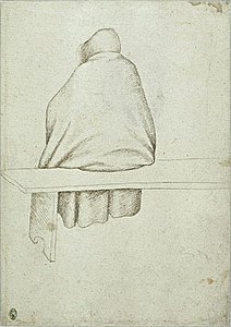 Zittende monnik op de rug gezien, inv. 2332v, pen en inkt op papier, 27,2 × 19,4