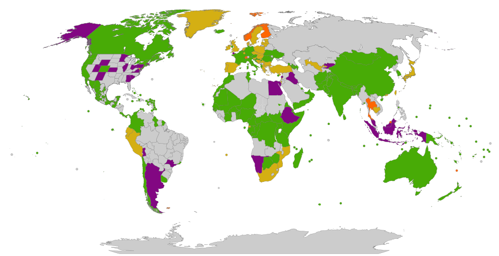 Phase out of lightweight plastic bags around the world (laws passed but not yet in effect are not shown on map)
.mw-parser-output .legend{page-break-inside:avoid;break-inside:avoid-column}.mw-parser-output .legend-color{display:inline-block;min-width:1.25em;height:1.25em;line-height:1.25;margin:1px 0;text-align:center;border:1px solid black;background-color:transparent;color:black}.mw-parser-output .legend-text{}
Plastic bags banned
A charge on some plastic bags
Voluntary charge agreement
Partial charge or ban (municipal or regional levels) Plastic bag legislation.svg