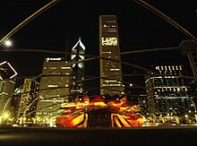 Jay Pritzker Pavilion is classified as a work of art to avoid legal restrictions on its height Pritzker pavilion looking north night logan reed.jpg
