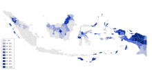 Protestants in each regency of Indonesia Protestant Indonesia Percentage Sensus2010.svg