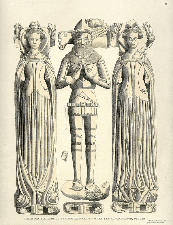 Alabaster effigy of Ralph Neville, 1st Earl of Westmorland with his two wives, Staindrop Church, County Durham, considered the finest sepulchral monum