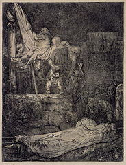 Rembrandt, Ristiltä otto lampun valossa, 1654, etsaus ja kuivaneula.