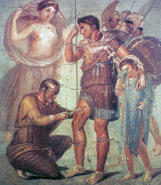 Een epos van Vergilius: De Trojaanse prins Aeneas, in aanwezigheid van diens moeder Venus en zijn zoon Anchises.Fresco 3e eeuw van de "Villa van de chirurg" in Rimini.