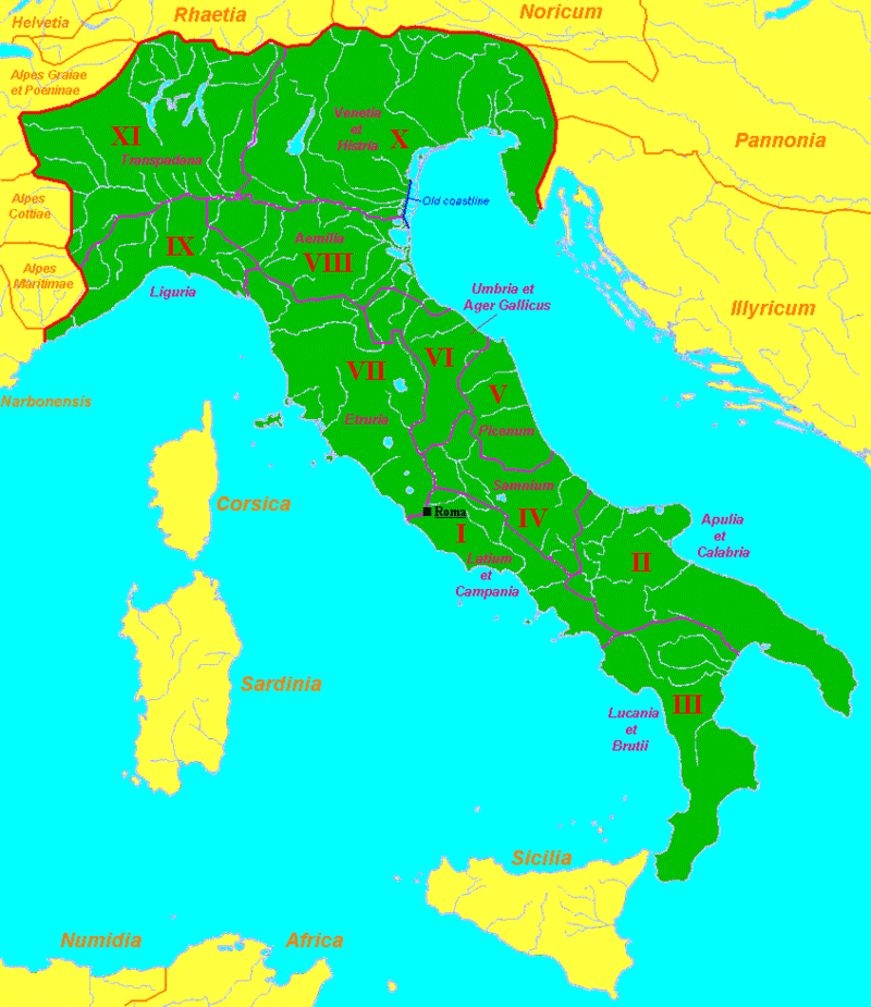 Italia met de bestuurlijke indeling van Augustus